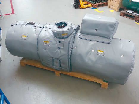Removable reusable acoustic blanket and jacket insulation on industrial screw compressor OEM enclosure