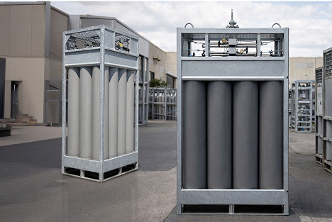 Industrial nitrogen tanks arranged in transport and storage frames
