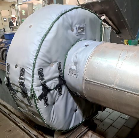 Industrial fan housing with custom-designed removable reusable acoustic blanket and jacket insulation for noise reduction