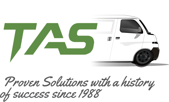 TAS logo with service van illustration and slogan “Proven solutions with a history of success since 1988”
